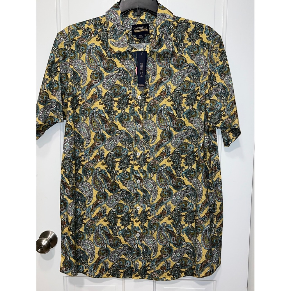 NWT Cremieux Premium Denim Mens XLT Yellow Paisley Short Sleeve Button Shirt
